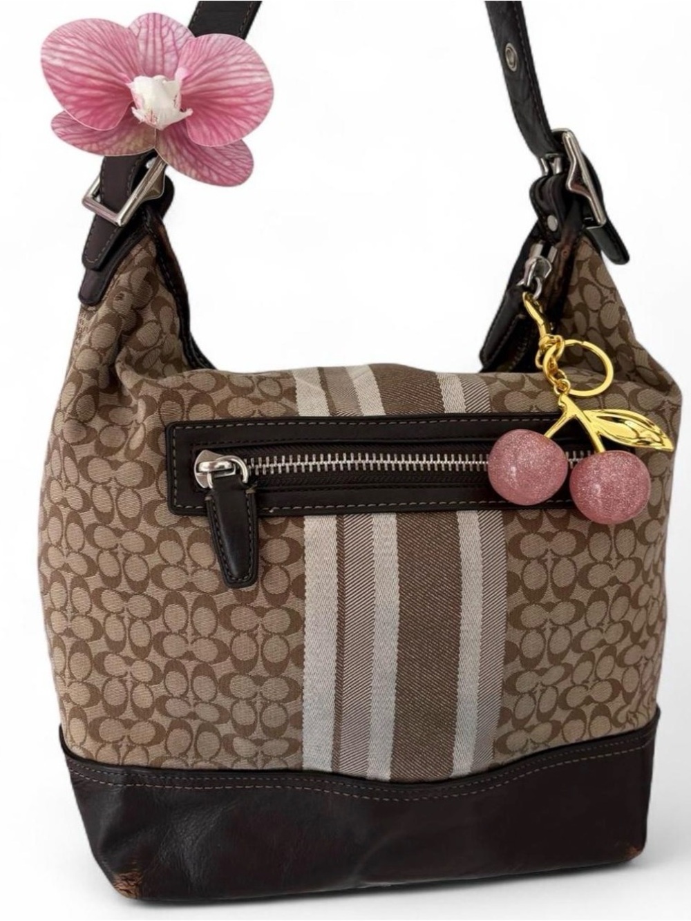 Coach Brown Signature Stripe Shoulder Bag with Pink Cherry Charm